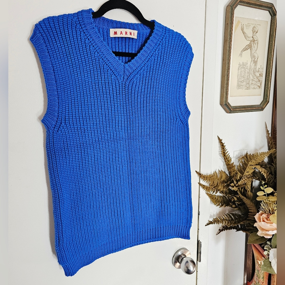 Marni Blue Chunky Knit Boxy Sweater Vest Made In Italy